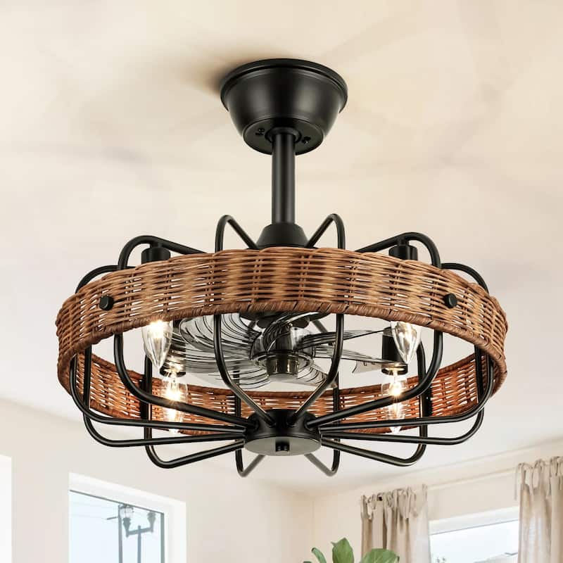 4-Light Farmhouse Modern Brown Drum Ceiling Fan Lighting with Woven Rattan Accent - 18.5 in. W x 5.7 in. H - 18.5 in. W x 5.7 in. H - Black/Brown