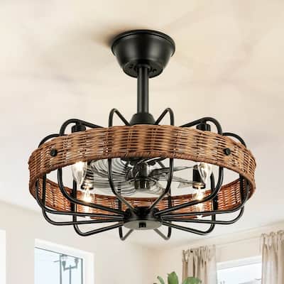 4-Light Farmhouse Modern Brown Drum Ceiling Fan Lighting with Woven Rattan Accent - 18.5 in. W x 5.7 in. H