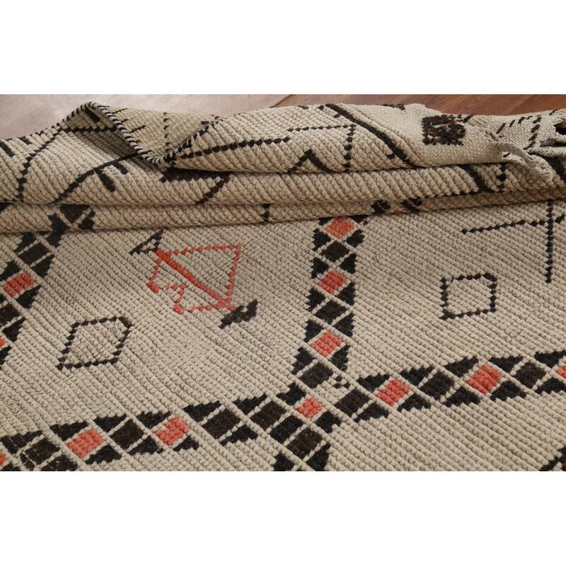 Geometric Moroccan Oriental Area Rug Hand-Knotted Beige Wool Carpet - 6'0"x 9'8"