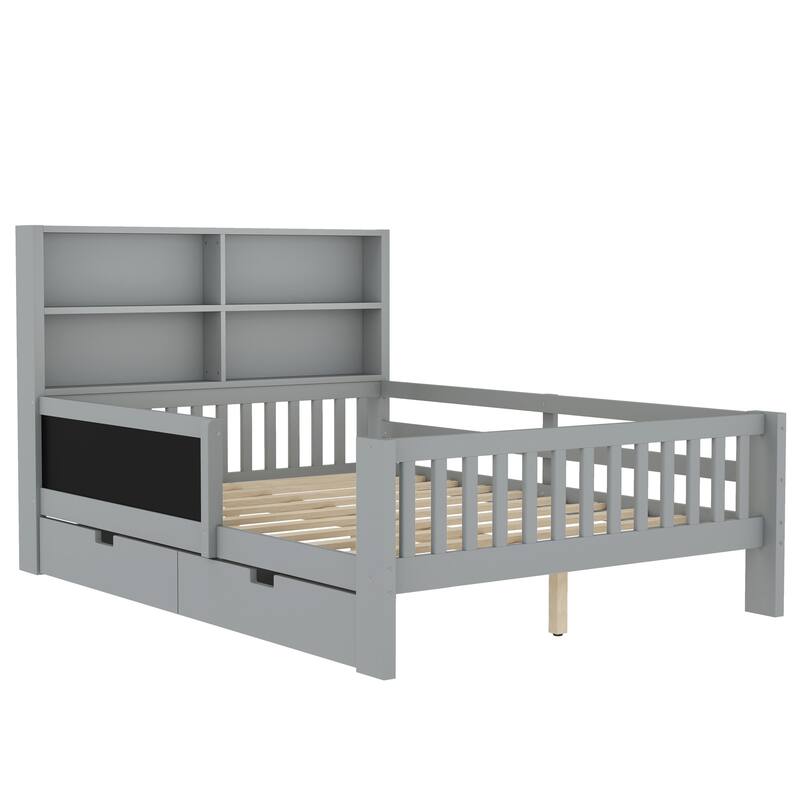 Childlike Fun Solid Wood Low-profile Platform Bed Storage Bed Frame with Side Chalkboard, Open Shelves, Drawers and Guardrails