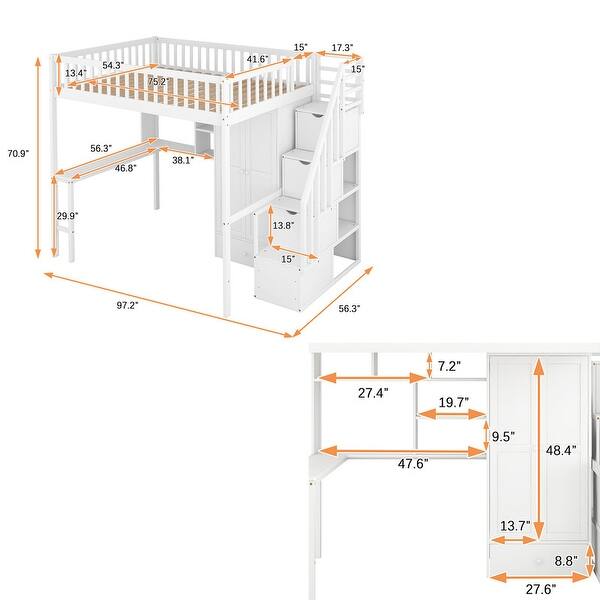 dimension image slide 2 of 3, Full Size Solid Wood Frame Loft Bed with Bookshelf, Drawers, Desk and Wardrobe