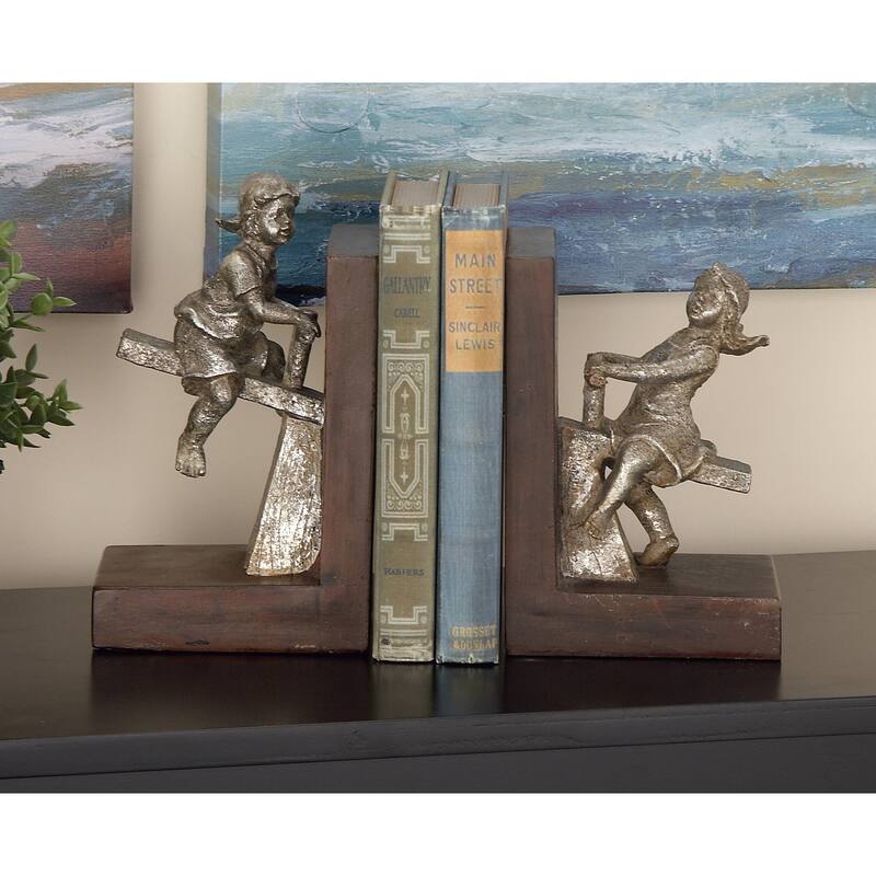 Brown or Black Polystone People Bookends with Swing Set (Set of 2) - 5 x 4 x 8 - Brown