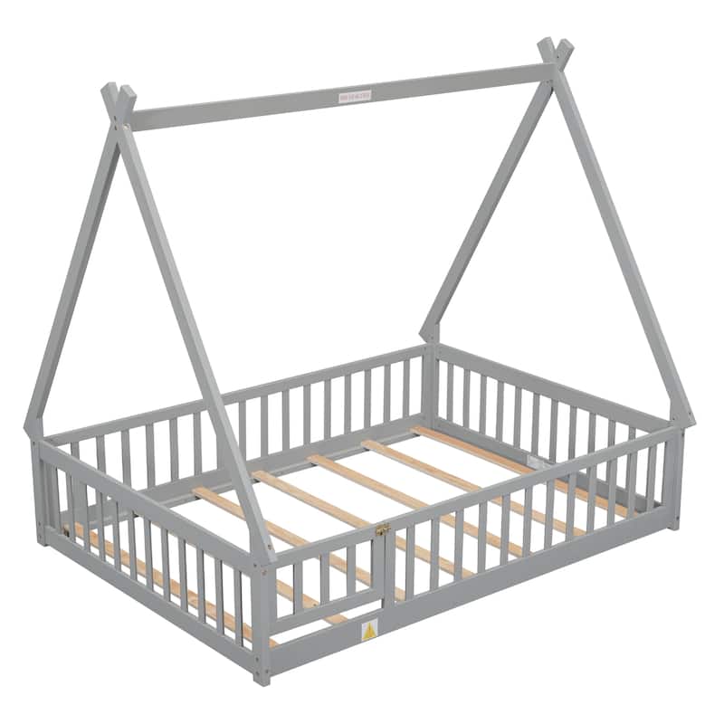 Pine Wood Tent-Shaped Floor Bed with Guardrails and Door