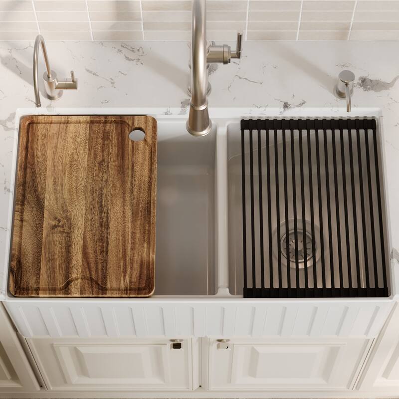 Karran 33" Double Bowl Workstation Fireclay Kitchen Sink with Reversible Fluted Apron Front