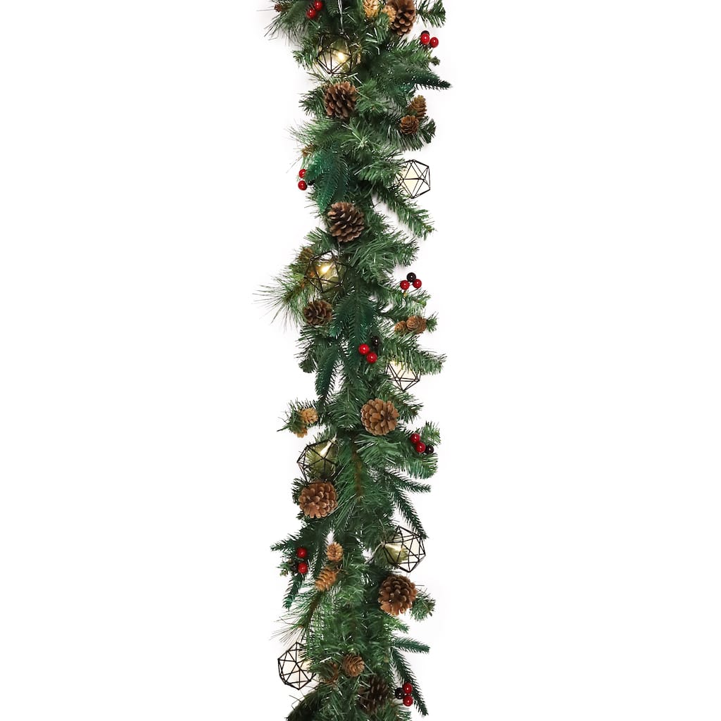 6ft Artificial Mixed Berry Pine Cone & Pine Christmas Garland with Geometric Octagon String Light Set - 72" L x 9" W x 6" DP