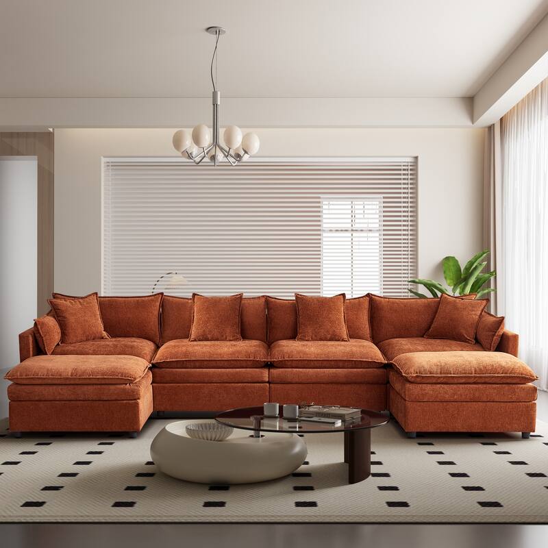 142.52" U-Shaped 6-Seater Sectional Sofa with Convertible Chaise and Ottomans, Spacious Cloud Couch for Comfort