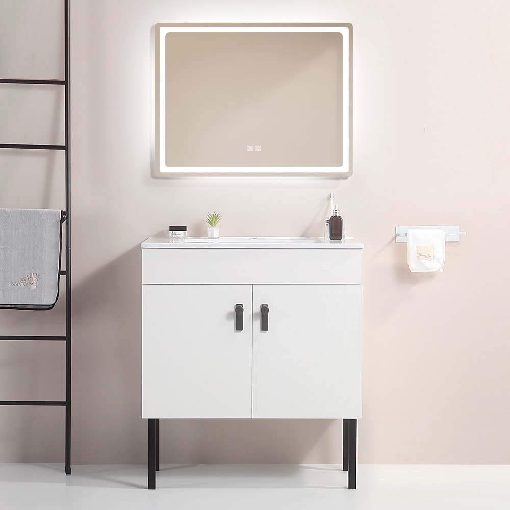 Compact Bathroom Vanity with Glossy White Ceramic Sink and