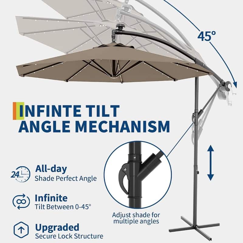 10FT Patio Outdoor Offset Umbrella with Lights for Deck Poolside Lawn Backyard