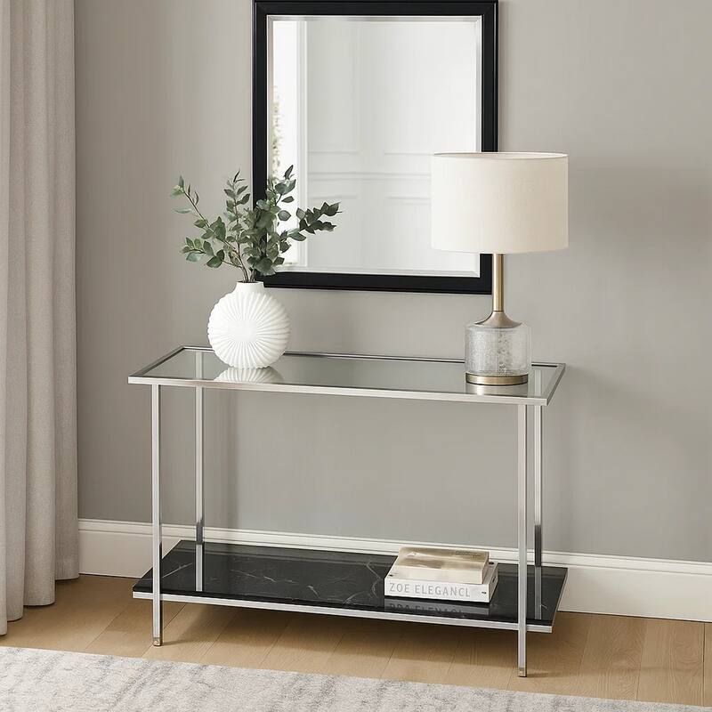Console Table with Mirror Top and Faux Marble Open Bottom Shelf, Silver