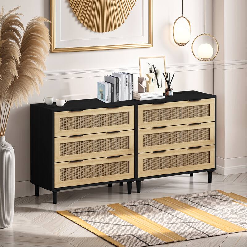 Rattan 3-Drawers Buffet Storage Cabinet (Set of 2) - Black
