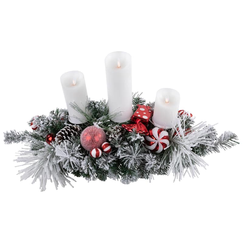 32" Red and White Triple Candle Holder with Flocked Pine and Christmas Ornaments
