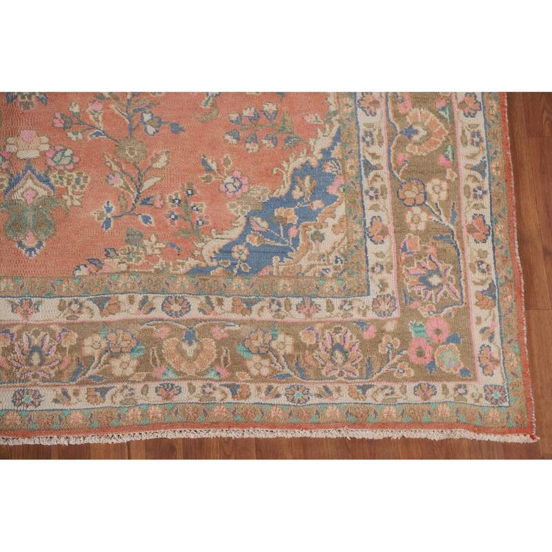 Hand Knotted Oriental 100% Wool Carpet Traditional Floral Coral Mashad Area Rug - 10' 7'' X 8' 0''
