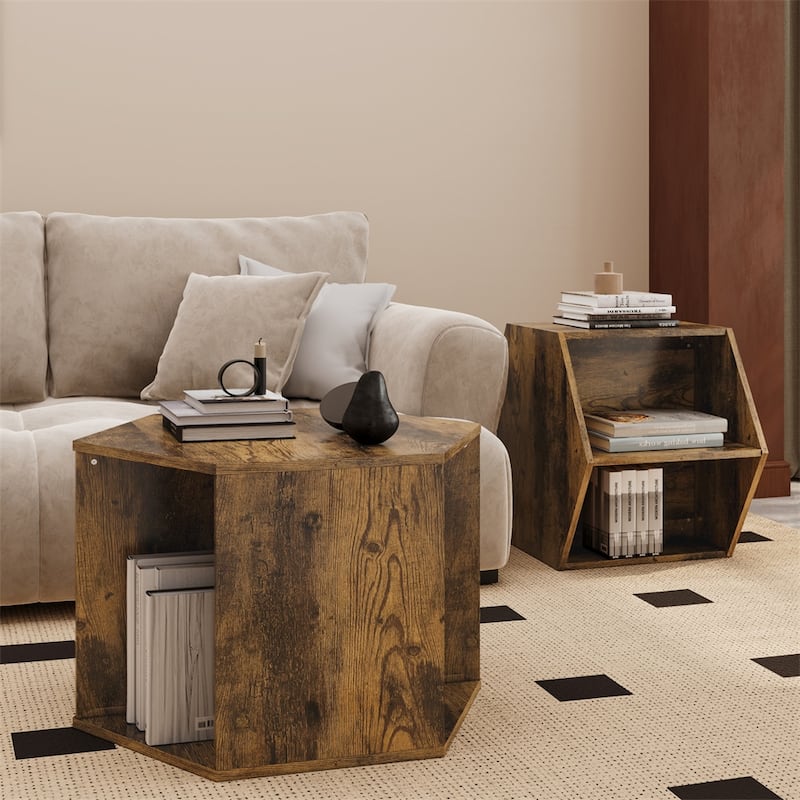 47.24" Hexagonal Coffee Table Side Table Nightstand - Antique brown