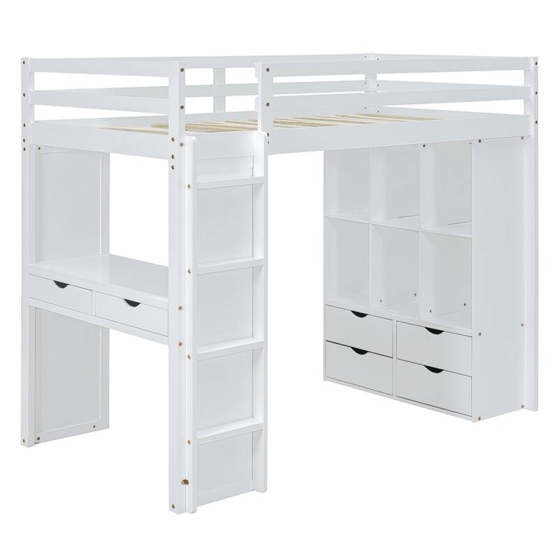 Full Size Loft Bed with large shelves, writing desk and LED Light