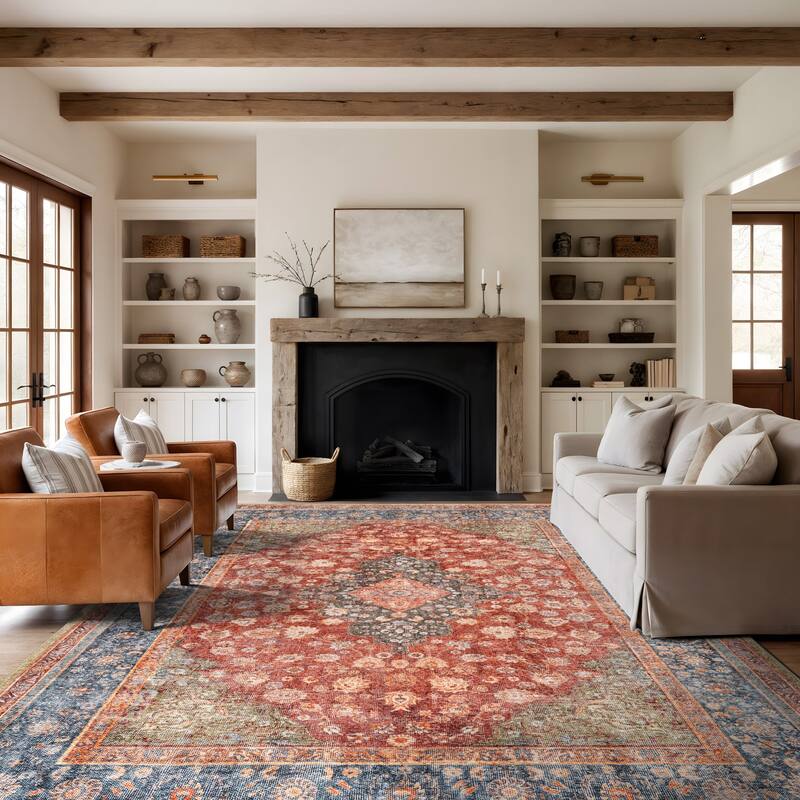 Black Traditional Flat Pile Rug - Washable and Pet Friendly, Non-Slip Surface - Red - 7'7" x 9'6"