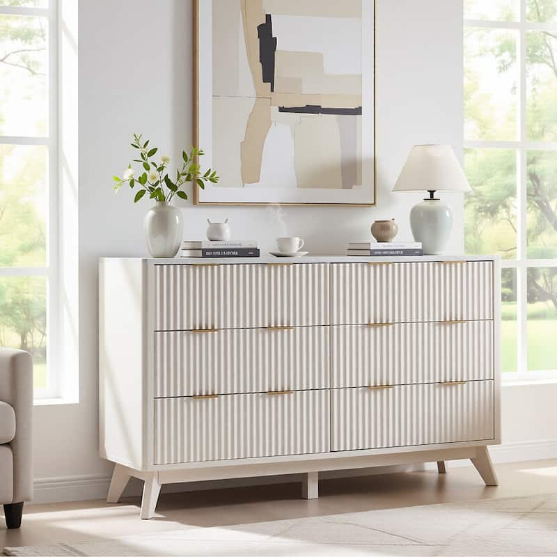 Fluted 6 Drawers Dresser, Modern Chest of Drawers, for Bedroom - White