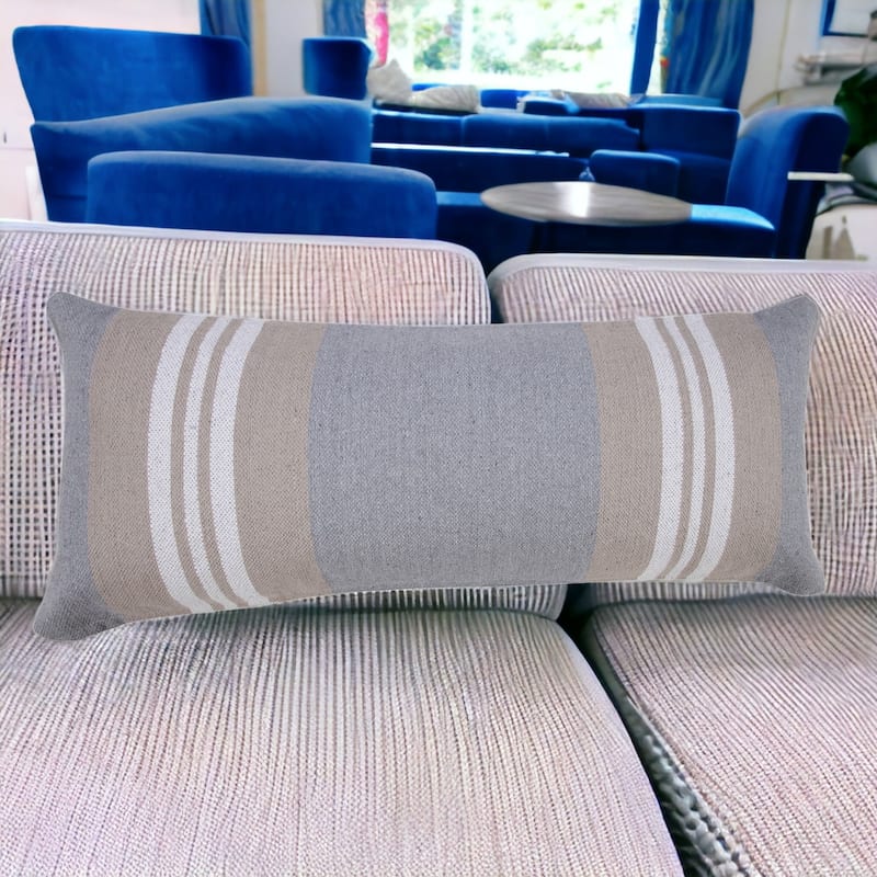 HomeRoots 14" X 36" Beige and Gray Striped Cotton Zippered Pillow
