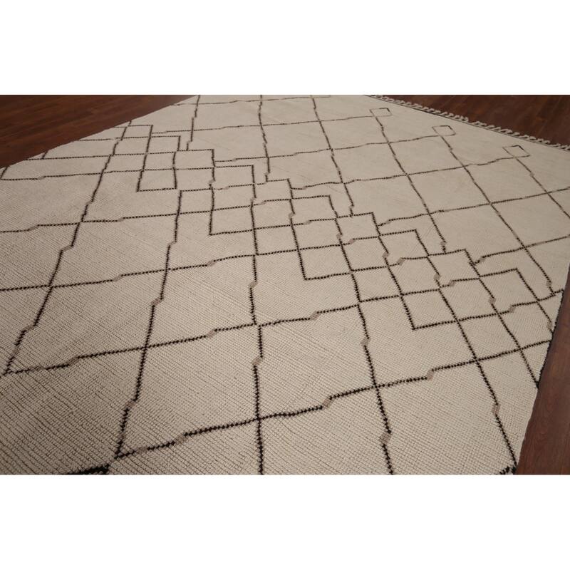 Trellis Moroccan Area Rug Handmade Oriental Beige Wool Carpet - 7'10"x 10'9"