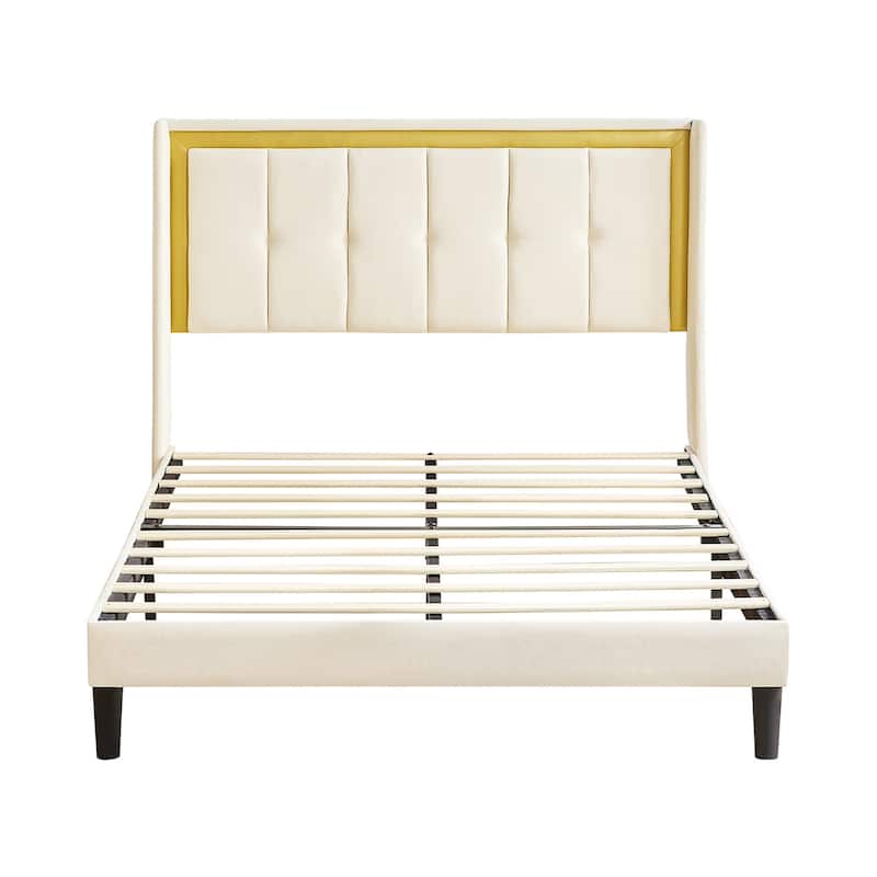 Upholstered platform bed frame with headboard and sturdy wooden slats