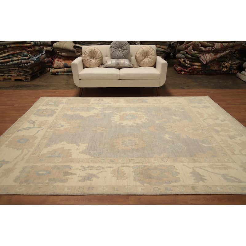 Hand Knotted Oriental 100% Wool Carpet Transitional All-Over Greys & Charcoal Oushak Area Rug - 9' 11'' X 7' 11''