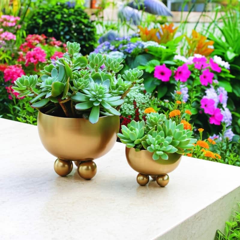 Metal Planters Modern Sleek Decorative Footed Bowl Design (Set of 2) - 10.5" x 10.5" x 9.25"