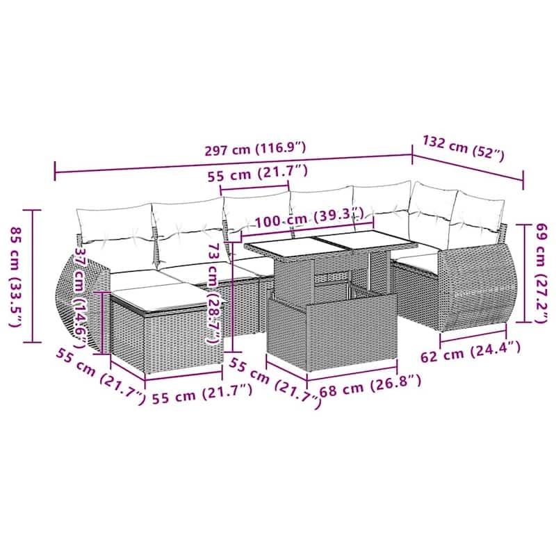 vidaXL 8 Piece Patio Sofa Set with Cushions Black/Brown/Gray Poly Rattan