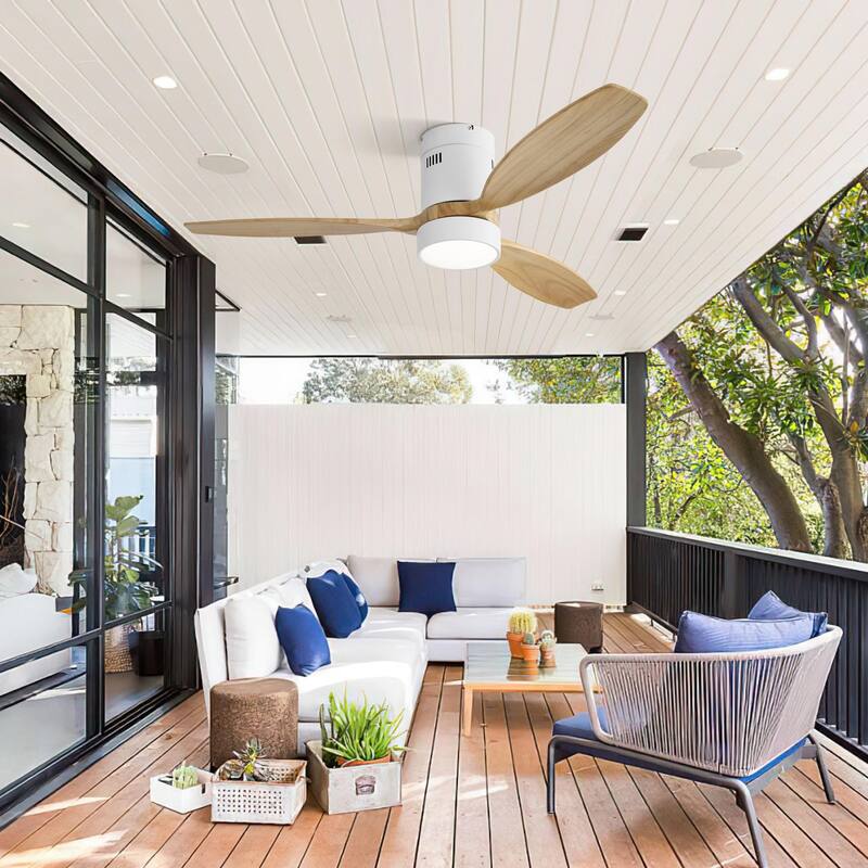 52″ White Flush-Mount Wooden Ceiling Fan with LED Light & Remote - 52