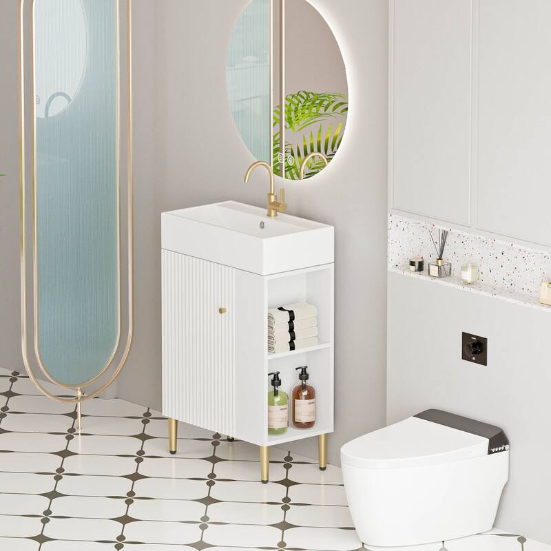 21.6" Open-Shelving Bathroom Vanity with Ceramic Sink and Cabinet