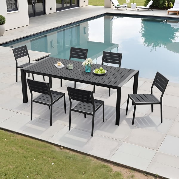 bed bath and beyond patio dining set with umbrellas Outdoor 7-Piece Patio Dining Set Stackable Chairs and Dining Table with  Umbrella Hole - Bed Bath & Beyond