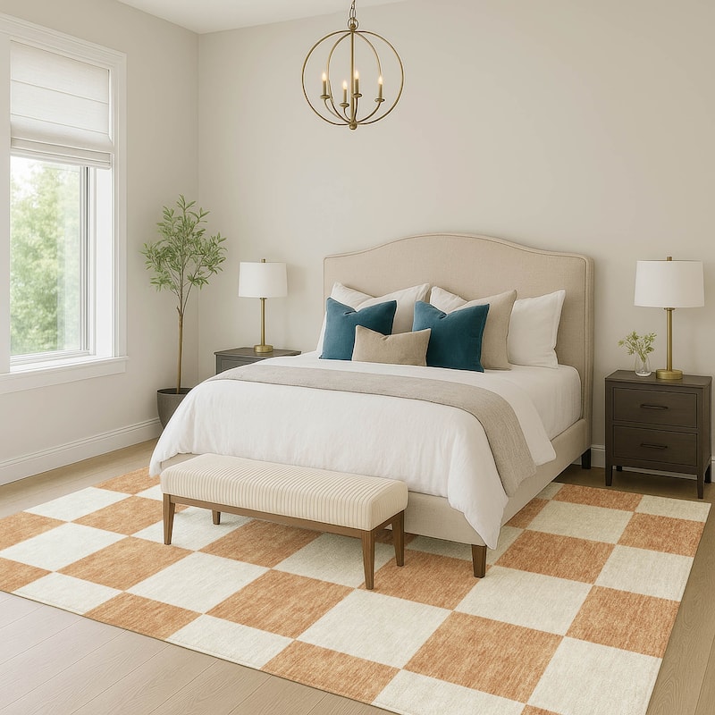 Machine Washable Indoor/ Outdoor Modern Checker Chantille Rug