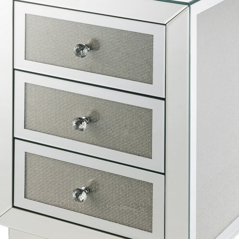 3 Drawer Mirrored Accent Table with Faux Diamond Inlay, Silver