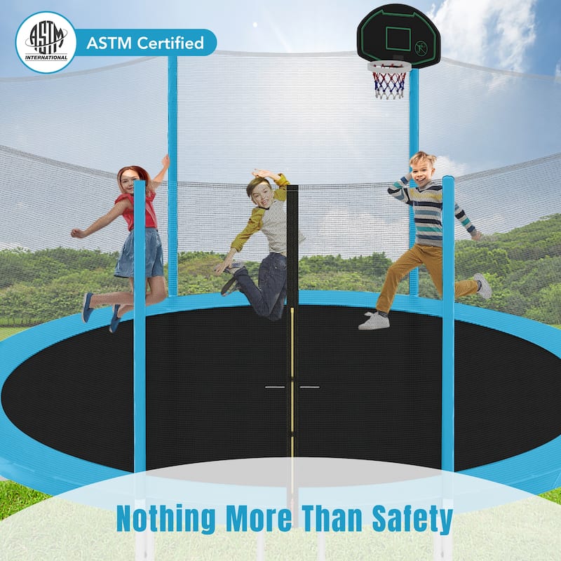 14FT Kids Trampoline with Safety Net Basketball Hoop Ladder Easy Assembly Round Outdoor