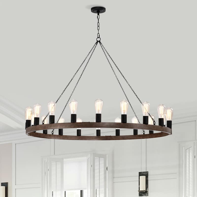 Eva 20-light Antique Black and Faux Wood Metal Round Chandelier - Antique Black