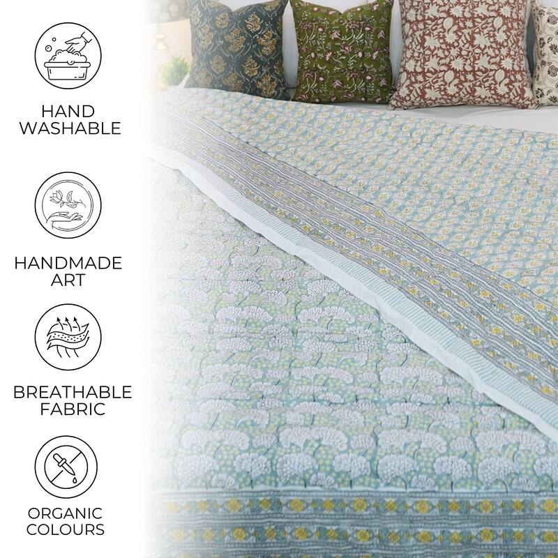 Fabdivine Handmade Cotton Quilt Green White Floral, Reversible Eco-Chic Bed Layer, Textured Decorative Quilt for Modern Interior
