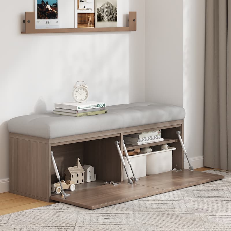 Wooden Shoe Storage Bench Entryway Tufting Bench w/ Adjustable Shelves聽