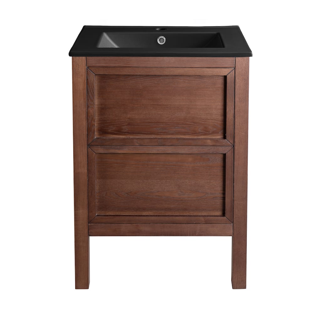 Nadar 24 In. Brown Walnut Bathroom Vanity With Black Ceramic Sink Top