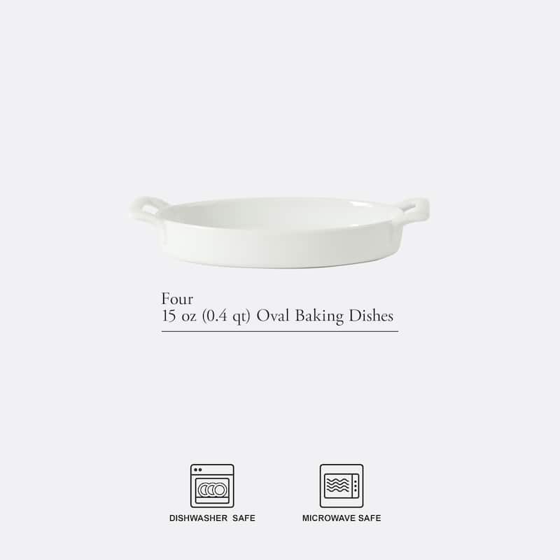 Gibson Home Gracious Dining Oval Au Gratin Baking Dishes, 4-Piece Set - 9oz or 15oz Oven Safe Ceramic with Handles - white