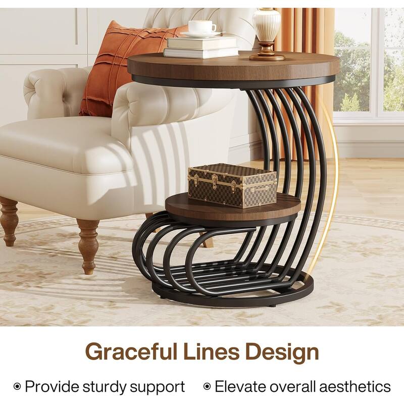 2 Tiers Faux Marble Side Table with Storage Shelf