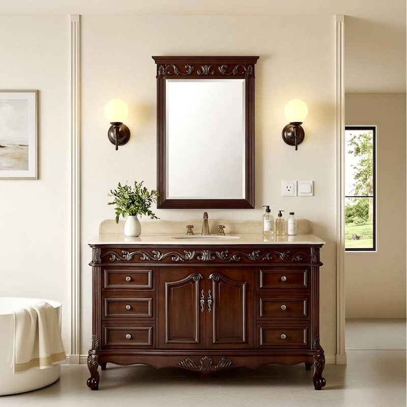 56 inch Traditional Style Cherry Brown Bathroom Sink Vanity With Cream Top