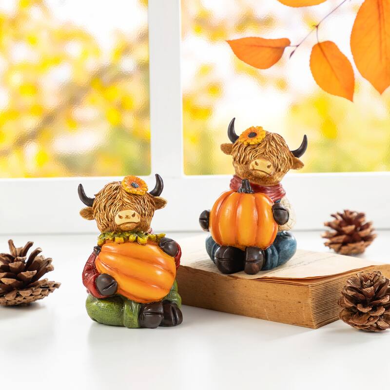 Glitzhome 4.25"H Set of 2 Fall Resin Highland Cow Table Decor