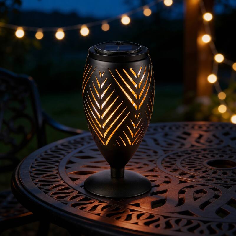 Glitzhome 8.75"H Set of 2 Black Metal Cutout Geometric Pattern Solar Powered Outdoor Lantern with LED Light