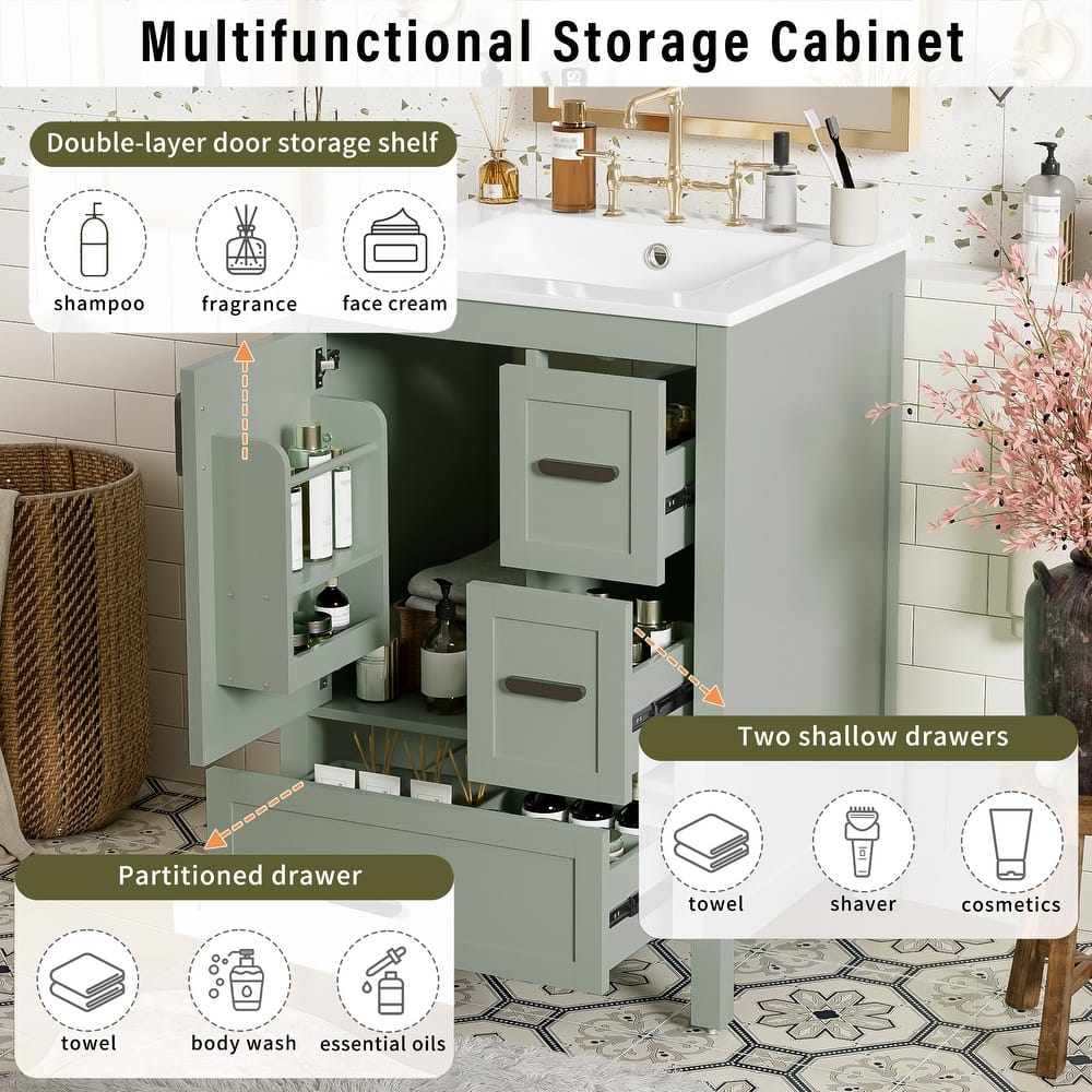 Solid Wood Frame Bathroom Vanity Cabinet with Ceramic Sink, Space-Saving 24-Inch Vanity