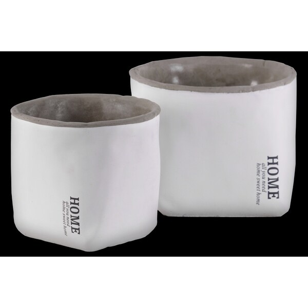 Cement Round Pot With "HOME" Label, Set of Two, White Finish