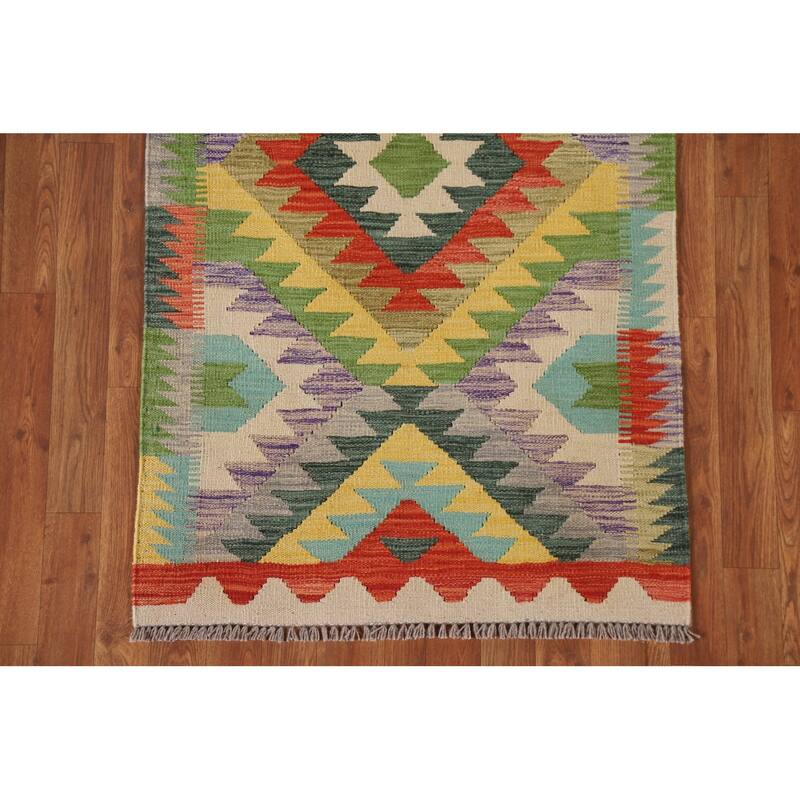 Hand Woven Oriental 100% Wool Carpet Southwestern Geometric Multi-Colored Kilim Runner Rug - 8' 2'' X 2' 8''