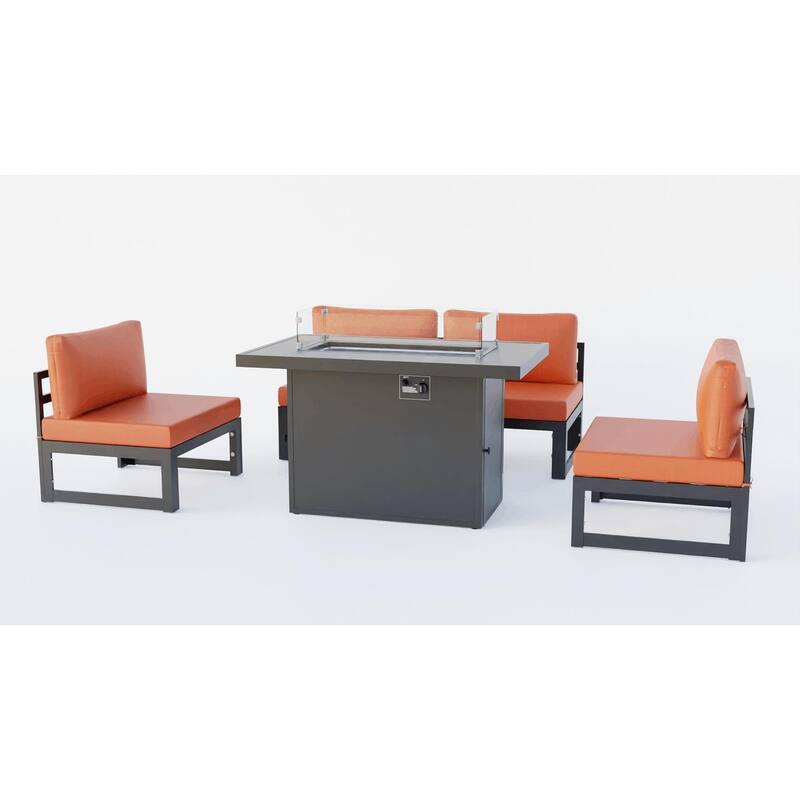 LeisureMod Chelsea 5-Piece Outdoor Patio Chairs and Fire Pit Table Set - Orange