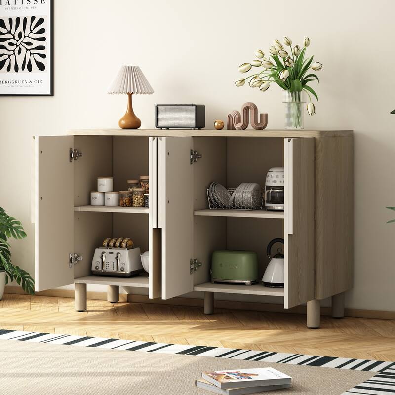 4-Door Buffet Cabinet with Storage, Wood Sideboard Cabinet with Unique Arc Handles and Adjustable Shelves for Dining Room