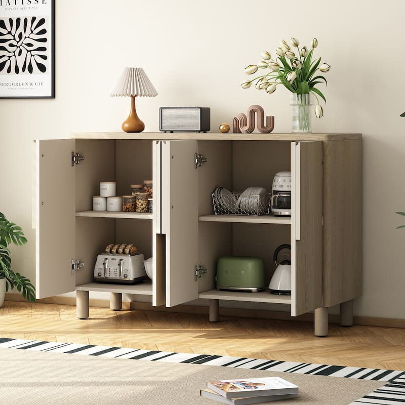 4-Door Buffet Cabinet with Storage, Wood Sideboard Cabinet with Unique Arc Handles and Adjustable Shelves