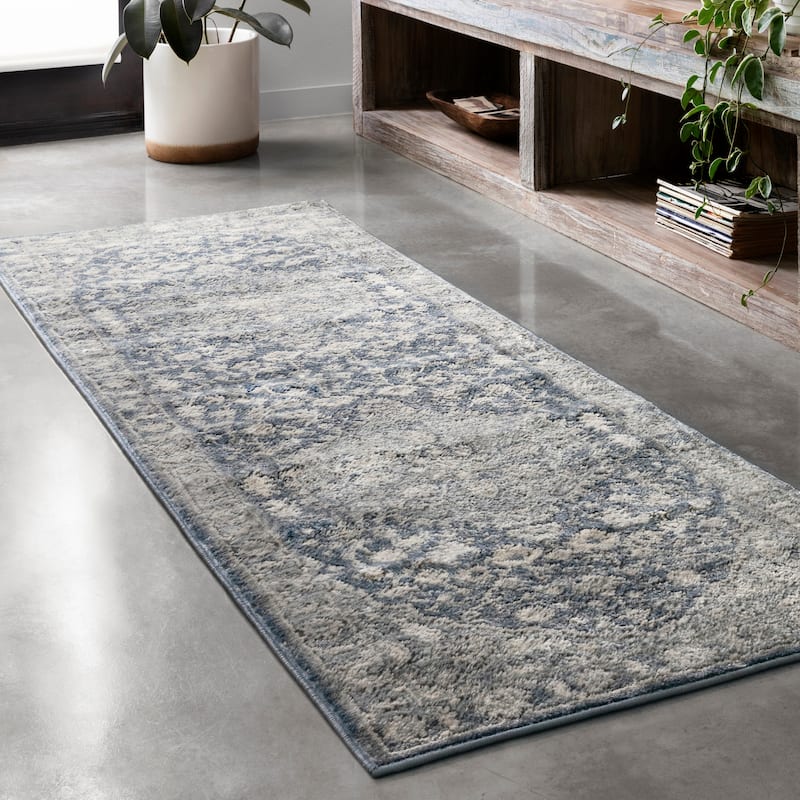 Alexander Home Josefina Floral & Medallion Traditional Area Rug - 2'8" x 10'6" - DENIM / MIST - Runner/Rectangle