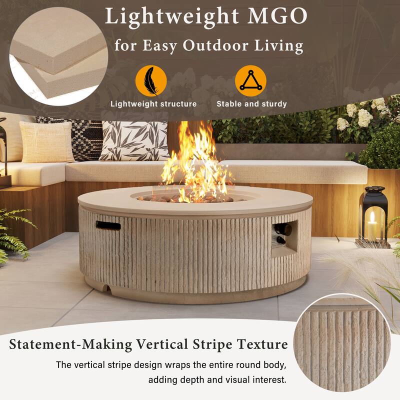 38.19" Propane Outdoor Fire Pit with Vertical Stripe Design, 50000 BTU Round Fire Pit Table with Steel Burner, Flame Control