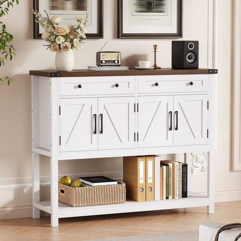 47.2" Buffet Sideboard Cabinet - Modern Farmhouse Storage Console Table with 2 Drawers & 4 Barn Doors, Coffee Bar - white